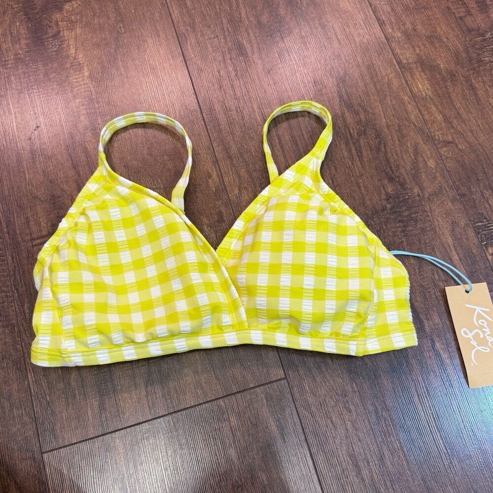 Yellow & White Checked Seersucker Bikini Top - NWT - Size Xs Kona Sol
